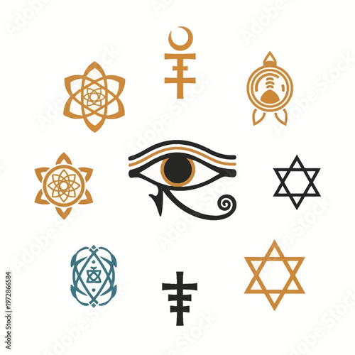 Array of diverse religious and mystical symbols featuring the Eye of Horus, Star of David, stylized crosses, and sacred geometry mandalas isolated on a plain white background.