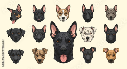 Large collection of vector dog head portraits showing various breeds such as pit bulls, mastiffs, and shepherds in black, brown, and tan colors, isolated on a light background.