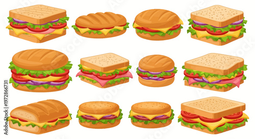 Large collection of twelve sandwich vector illustrations featuring club sandwiches, burgers, and sub rolls with fresh lettuce, sliced tomatoes, cheese, ham, and red onions.