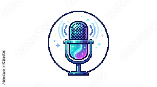 Retro pixel art microphone icon, representing audio recording, broadcasting, podcasts, and music creation, with a cosmic, starry background