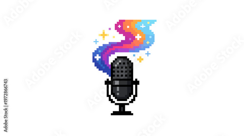 Vibrant pixel art microphone icon emitting a colorful stream of magical sound and stardust, symbolizing engaging digital communication and creative audio storytelling
