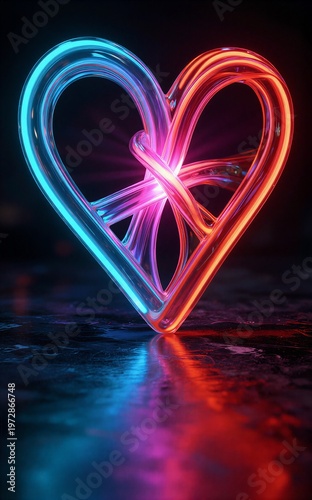 Neon heart glowing with vibrant blue and red hues on reflective