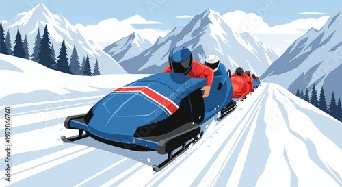 Vector illustration of competitive bobsled teams racing down a snowy track, featuring blue and red sleds with athletes in helmets against a background of alpine peaks and pine trees.