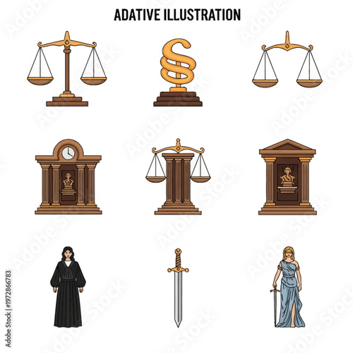 Vector illustration set of law and justice icons featuring scales of balance, paragraph symbol, courthouse buildings, a female judge, a ceremonial sword, and Lady Justice statue.
