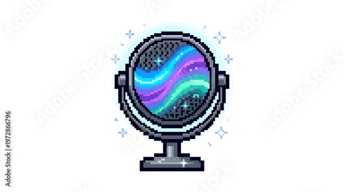 Captivating pixel art mirror revealing a magical, swirling aurora borealis of vibrant colors, adorned with shimmering sparkles, a portal to an imaginative world