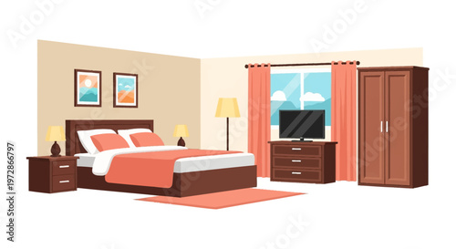 Vector illustration of a modern bedroom interior featuring a wooden double bed with coral bedding, nightstands, lamps, a wardrobe, and a television on a dresser near a window.