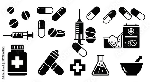 Set of black solid vector icons for medical and pharmaceutical themes including pills, capsules, syringes, medicine bottle, lab flask, mortar and pestle, and medical cross symbols.
