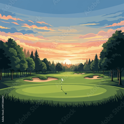 Vector illustration of a professional golf course at sunrise with a putting green, white flagstick, sand bunkers, and lush forest trees under a colorful pink and orange sky.