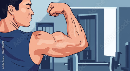 Vector illustration of a male bodybuilder flexing arm muscles, displaying defined biceps and triceps inside a gym with weightlifting equipment and pulley machines.
