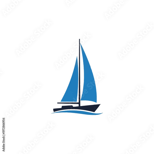 Minimalist sailboat logo featuring two blue sails on a central mast with a dark blue hull navigating over a single blue wave line, isolated on a solid white background.