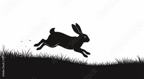 Silhouette of a rabbit hopping over a grassy field with birds in the distance, black and white vector illustration of a leaping hare on white background for design.