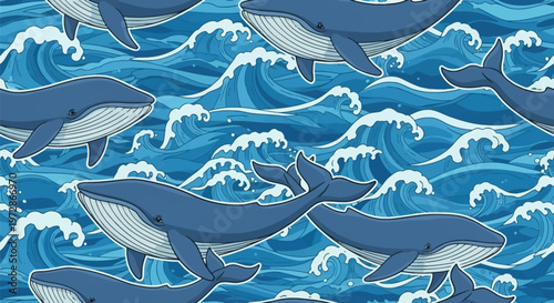 Seamless pattern of blue whales and humpback whales swimming through stylized ocean waves with white foam caps, vector illustration style for nautical and marine life background.