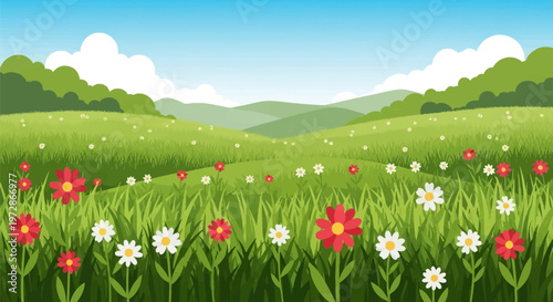 Stylized vector illustration of a rolling green meadow landscape with red and white wildflowers in foreground, green hills, deciduous trees, and white clouds in a blue sky.