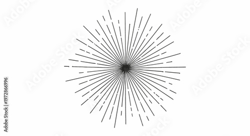 Hand-drawn black sunburst design with radiating linear strokes and dashed lines emanating from a central point, isolated on a white background for graphic design and vintage logos.