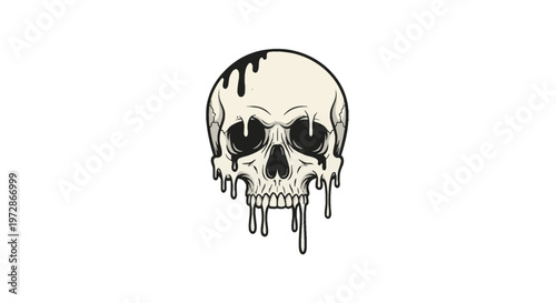 Vector illustration of a melting human skull with black viscous liquid dripping from the eye sockets and teeth, featuring a grunge aesthetic and bold outlines on a plain white background.