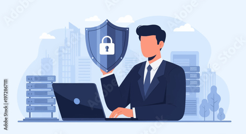 Businessman in a suit working on a laptop while holding a protective shield with a padlock icon, featuring server racks and a city skyline background in a flat vector style.