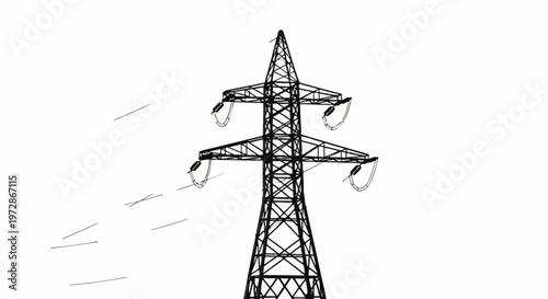 Minimalist vector illustration of a high voltage electric transmission tower with power lines extending to the side, black lattice pylon structure isolated on a white background.