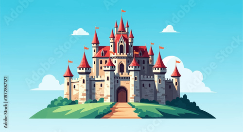 Vector illustration of a medieval fantasy castle featuring multiple towers with red conical roofs, stone battlements, and flags on a grassy green hill with a blue sky background.