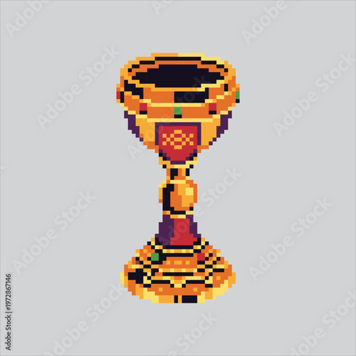 Pixel art illustration Gold Chalice. Pixelated Holy Chalice. Gold Holy Chalice Icon pixelated for the pixel art game and icon for website and video game. old school retro.