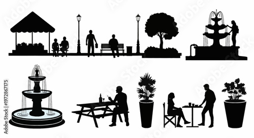 Vector silhouette collection of urban park elements including tiered water fountains, people on benches, street lamps, garden gazebos, trees, picnic tables, and potted plants on white.