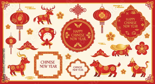 Traditional Chinese New Year vector design elements featuring red lanterns, zodiac animals like ox and deer, golden plum blossoms, decorative frames, and auspicious knots.