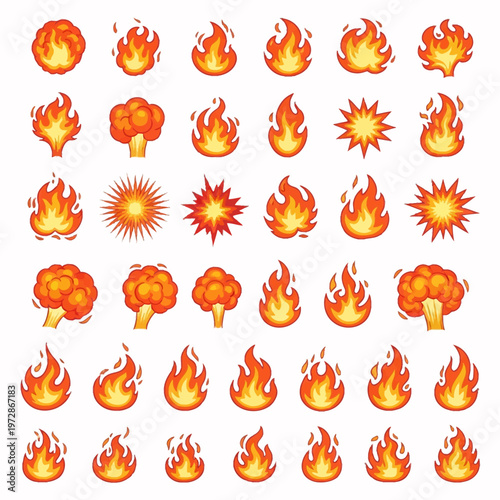 A comprehensive set of cartoon fire flame icons and explosion vector illustrations isolated on a white background. Features various fiery shapes, sparks, blast effects, and campfire elements.