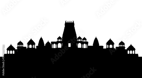 Black silhouette of a traditional Hindu temple complex skyline featuring a central gopuram tower with tiered architecture and surrounding shrines isolated on a plain white background.