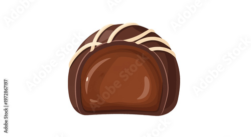 Vector illustration of a dark chocolate truffle sliced in half to reveal a smooth creamy ganache filling, decorated with white chocolate drizzle, isolated on white background.