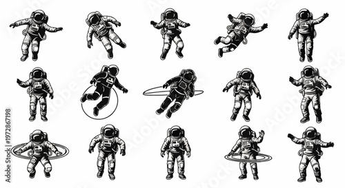 Set of fifteen black and white astronaut illustrations featuring various poses such as floating, waving, and walking in space suits, isolated on white background for graphic design.