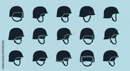 Set of fifteen military helmet silhouettes and tactical combat headgear icons with chin straps, shown from multiple angles in a flat vector style on a light blue background.