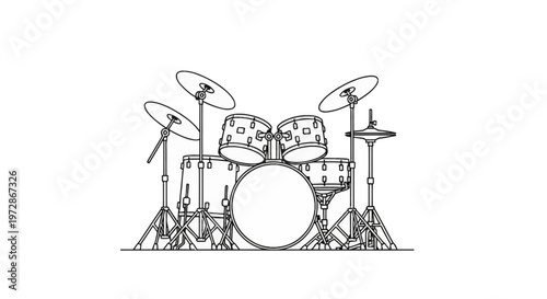 Minimalist black and white line art illustration of a professional drum kit featuring a bass drum, snare, floor tom, two rack toms, hi-hat, and three cymbals on a white background.