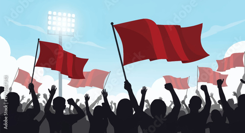 Silhouette of a large crowd of fans waving red flags in a stadium under bright floodlights and a blue sky during a sports match, political rally, or public outdoor festival.