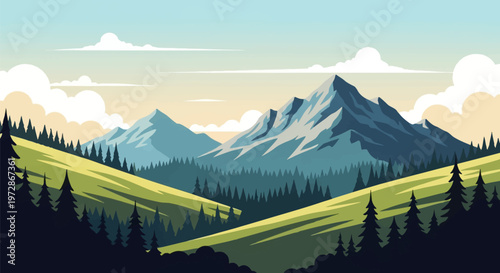 Modern vector illustration of a mountain landscape with jagged peaks, green rolling hills, a dense conifer forest, and soft white clouds under a bright sky, flat graphic style.