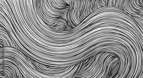 Monochrome abstract background with flowing curved lines and wavy parallel patterns resembling organic wood grain texture, topographic maps, or swirling liquid turbulence in black and white.