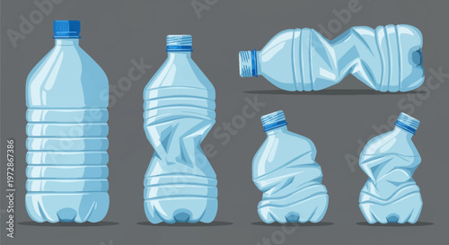 Collection of five blue plastic water bottles on a grey background including one intact bottle and four crushed or crumpled empty bottles in various sizes and orientations.