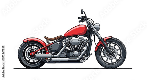 Red custom bobber motorcycle vector illustration featuring a detailed V-twin engine, dual chrome exhaust pipes, solo brown spring seat, and high handlebars on a white background.