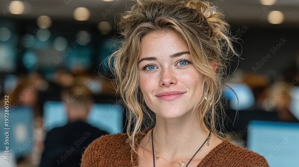 Fototapeta premium Portrait of a young woman with blonde hair and blue eyes smiling indoors