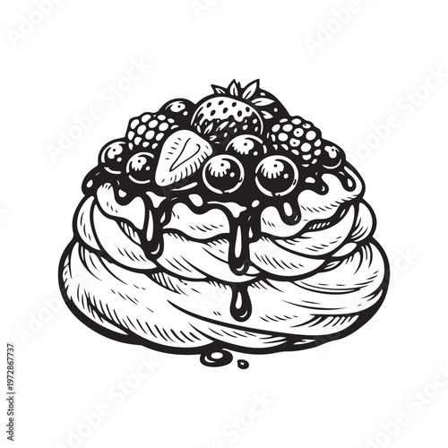 line art vector of Pavlova, a fluffy meringue base swirled in a circle topped with strawberries, blueberries, and raspberries, drizzled with sauce