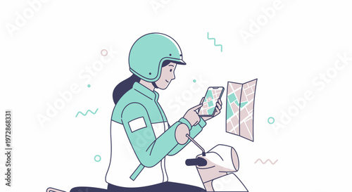 Delivery Person Using Smartphone and Map on Scooter, Online Navigation App