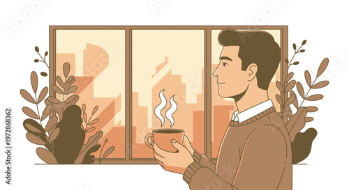 Man enjoying hot coffee by the window with city view, calm morning, illustration