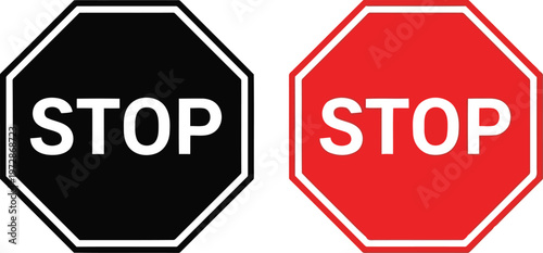 Set of two octagonal stop signs with white text isolated on a clean white background