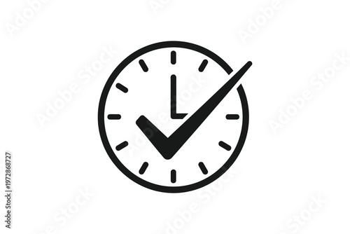 Black and white clock with checkmark symbol time tick