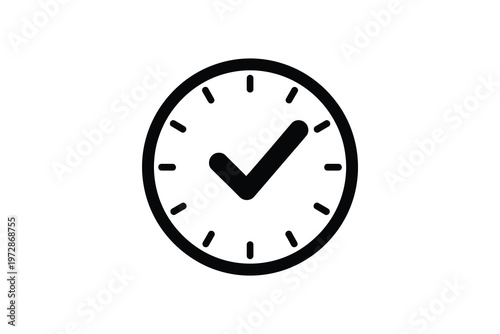 Black and white circular clock face with checkmark in center