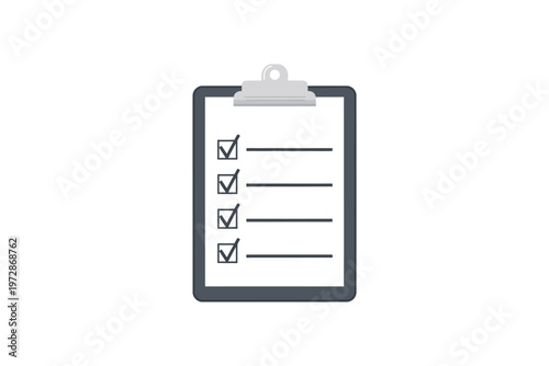 Grey clipboard with checklist and checkmarks on white background