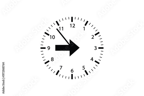 Black arrow pointing between hours ten and eleven on white analog clock face
