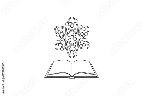 Open book with atomic structure diagram above atoms