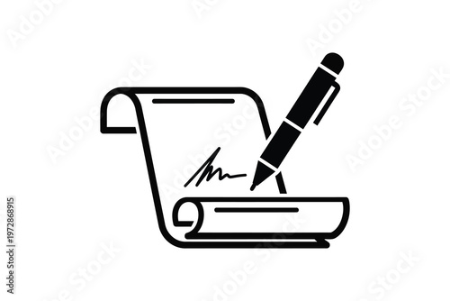 Black pen signing on white scroll paper signature