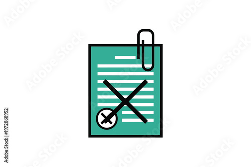 Green document with clip and red cross mark paper clipboard