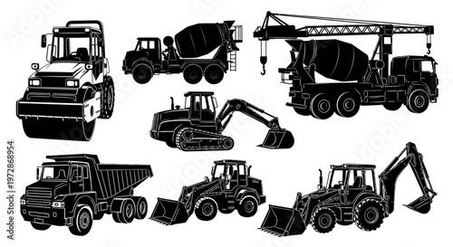 Collection of heavy construction vehicle silhouettes including excavator, dump truck, crane, and concrete mixer