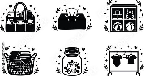 Black and white baby care items vector line art set with basket tissue jar and clothes rack